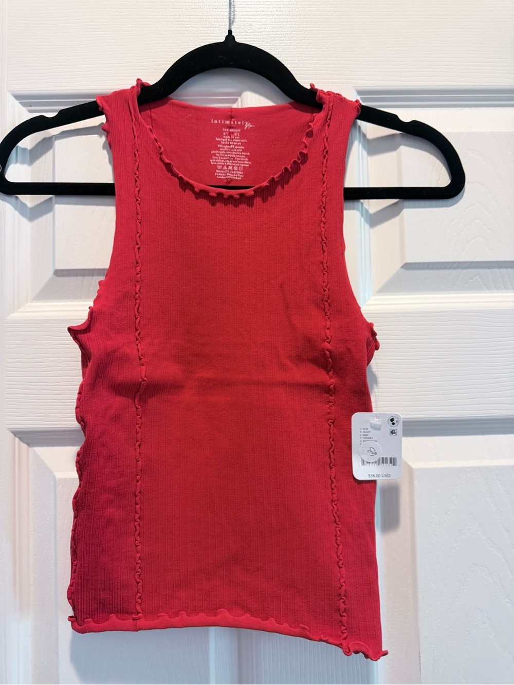 Free People Red Ribbed Ruffle-Edge Tank